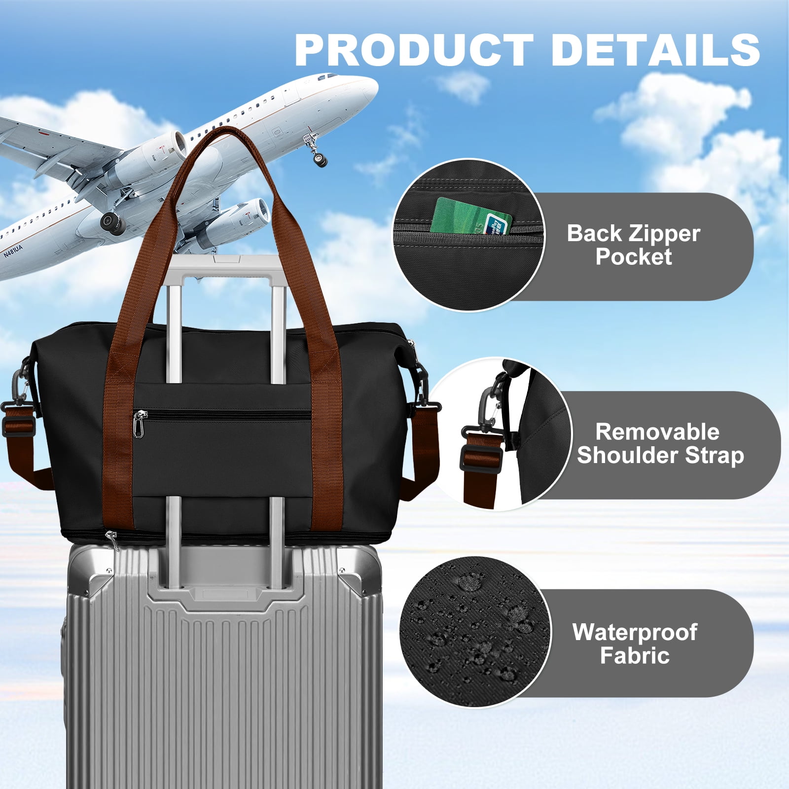 Travel Bag, Waterproof Duffel Gym Tote Bag, Weekender Carry On Overnight Bags for Women Men Approved Personal Item Bag for Airlines with Trolley Sleeve, Travel Duffel Bags, Black Brown