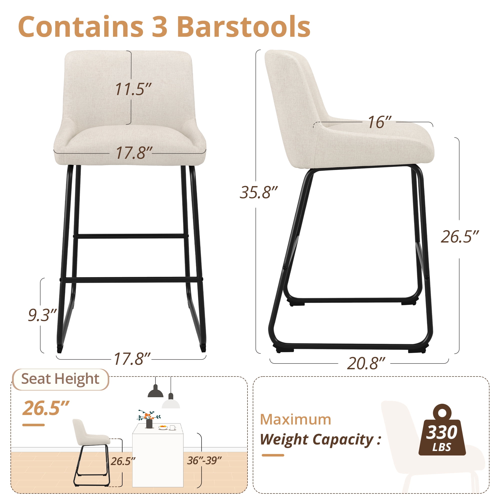 Dycanpo 26" Counter Height Bar Stools Set 3, Linen Fabric 2.5" Cushion, Linen Color