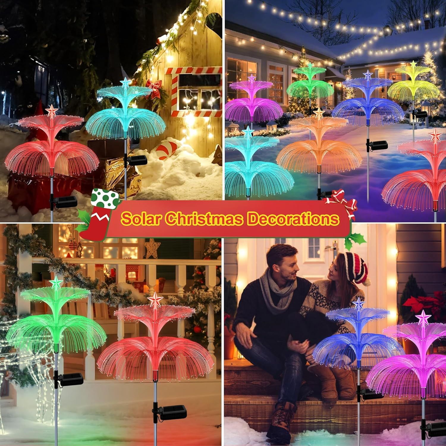 Solar Garden Lights, 4 Pack Solar Star Jellyfish Lights 7 Color Changing Fiber Optic Light Gardening Gifts for Mom Grandma Women, Flower Light for Outdoor Yard Garden Decor