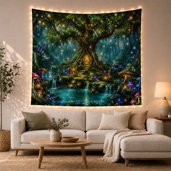 Fantasy Tree with Glowing Doorway in Enchanted Forest, Mystical Illustration for Fantasy Fans, Nature Wall Art, Housewarming Gift Tapestry Wall Hanging for Bedroom and Living Room