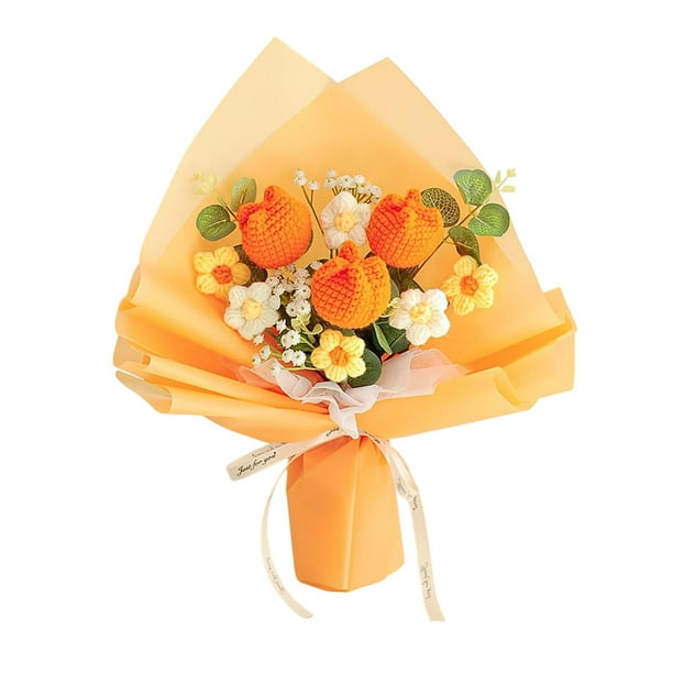 Ramo de flores de crochet terminado, regalo de San Valentín, flor para cafetería, cumpleaños Naranja