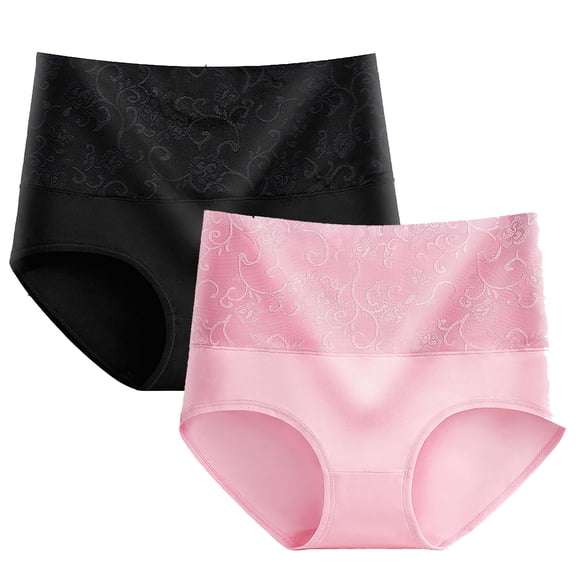 Fewfanhot 2Pack Women's Cotton High Waist Rose Jacquard Panties, Tummy Control Hip Lifting Lace Underwear Comfortable Stretchy Briefs for Daily & Shape Wear