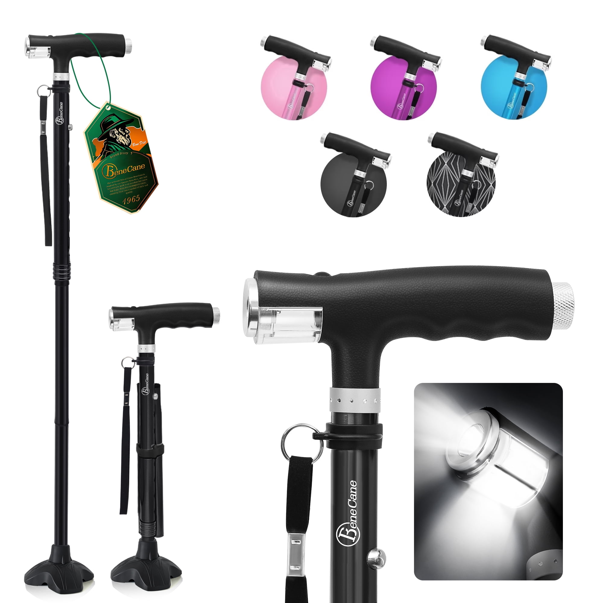 BeneCane Folding Cane with Dual LED Lights, Adjustable Quad Cane for Men and Women, Lightweight Aluminum Walking Cane with Self-Standing Base and Carry Bag