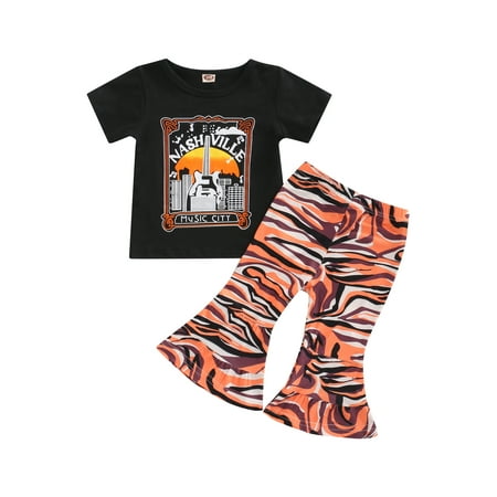 

Sunisery Toddler Kids Girls 2pcs Outfits Short Sleeve T-Shirt Tops Zebra Stripe Flare Pants Clothes Set Black 4-5 Years