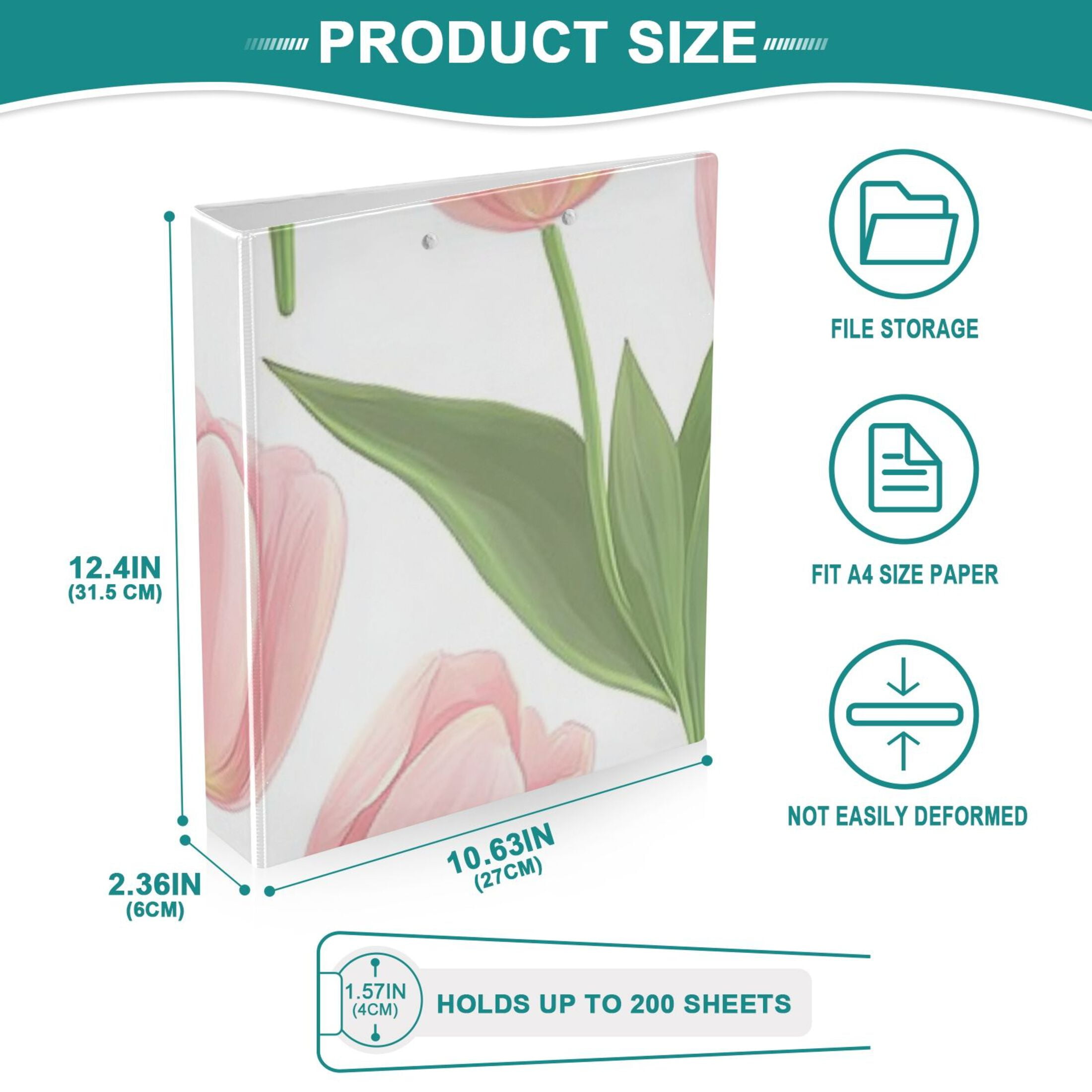 Pink Tulip Flowers 3 Ring Binders 1.5 inch Hardcover File Folders with Interior Pockets A4 Size Organizer for School Office Hospital Set of 2