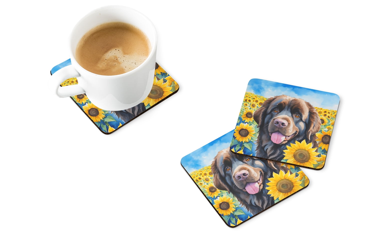 Newfoundland in Sunflowers Foam Coasters 3.5 in x 3.5 in