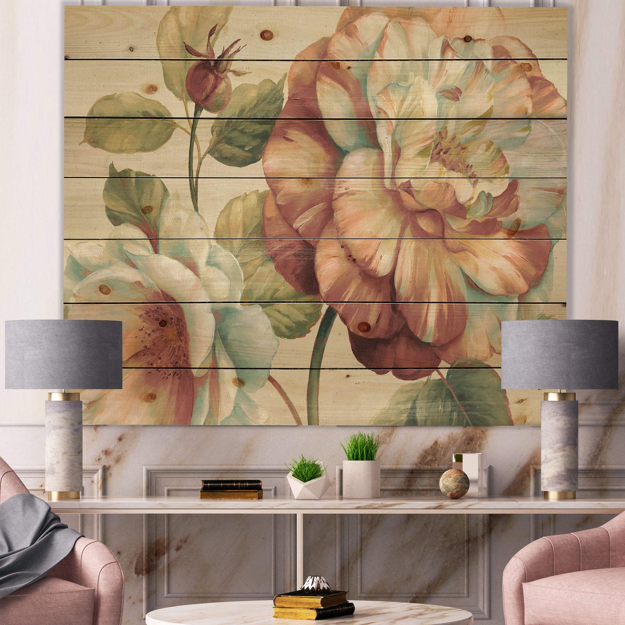 Designart 'Romantic Dark Rose Blossing Flowers' Floral Print on Natural Pine Wood