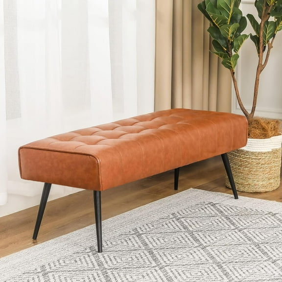 Homebeez Ottoman Bench, 42" Faux Leather End of Bed Padded Bedroom Bench, Upholstered Foot Stool for Living Room, Window, Entryway, Cognac Brown