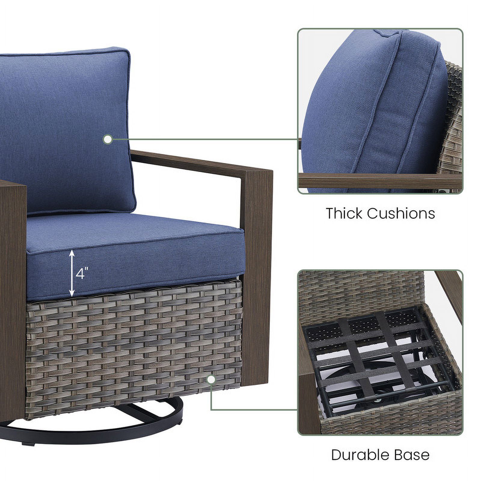 PARKWELL Classic Swivel Glider Chair Set of 2, Patio Cushioned Lounge Swivel Rocker Arm Chair for Balcony Yard,Gray Wicker and Navy Cushions