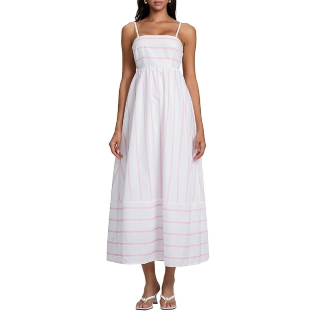 Gupgi Robe Sans Manches à Rayures pour Femmes, Robe Midi Évasée, Bretelles Spaghetti, Découpe au Dos, Fluide, Longue Robe d'Été