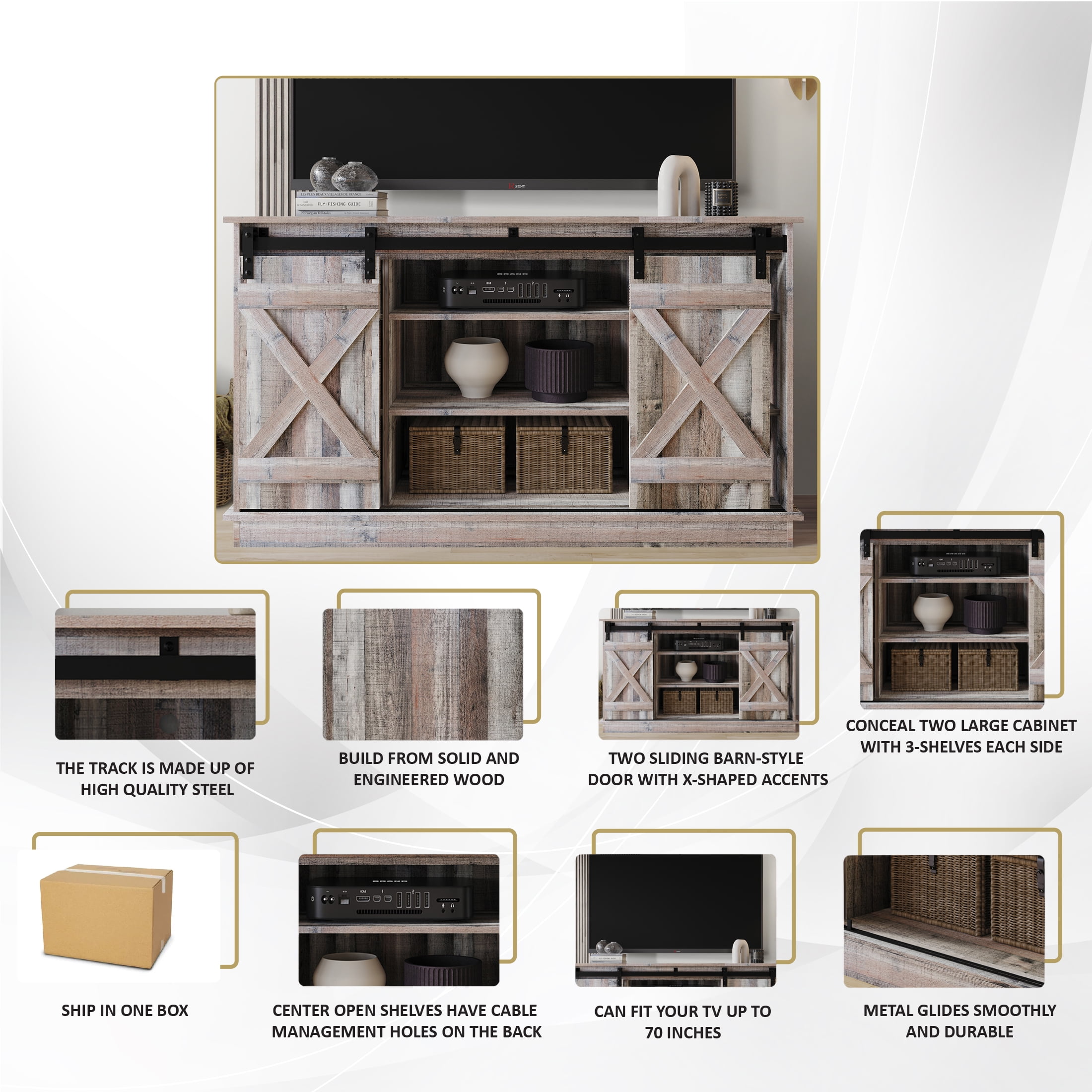 Castle Place Vintage 54" TV Stand Console for TVs up to 65", Natural Oak