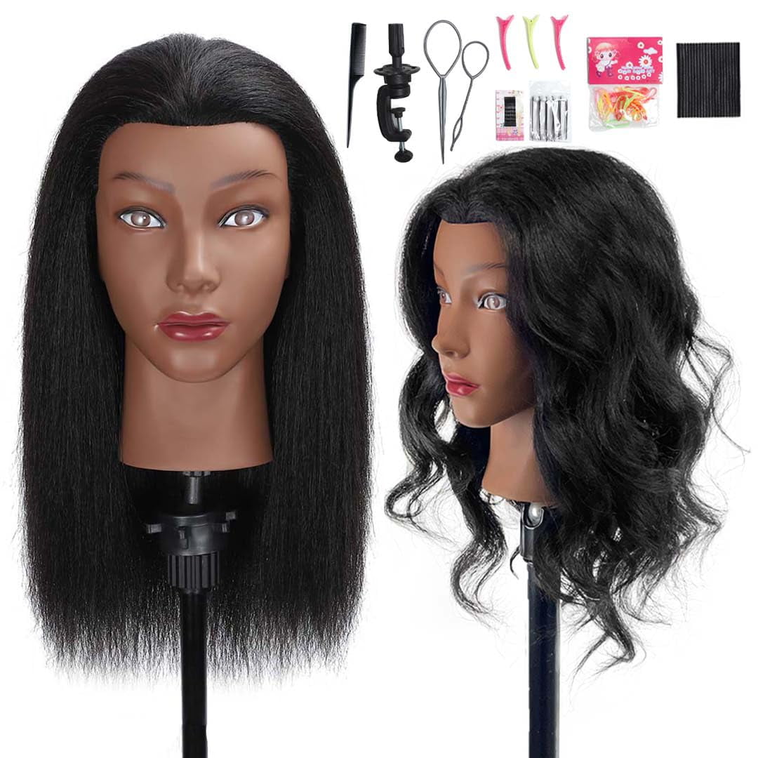 16"  Mannequin Head Human Hair, 100% Real Hair Cosmetology Manikin Doll Head for Hairdresser Practice Braiding with Free Clamp Holder and Tools (16 Inch)