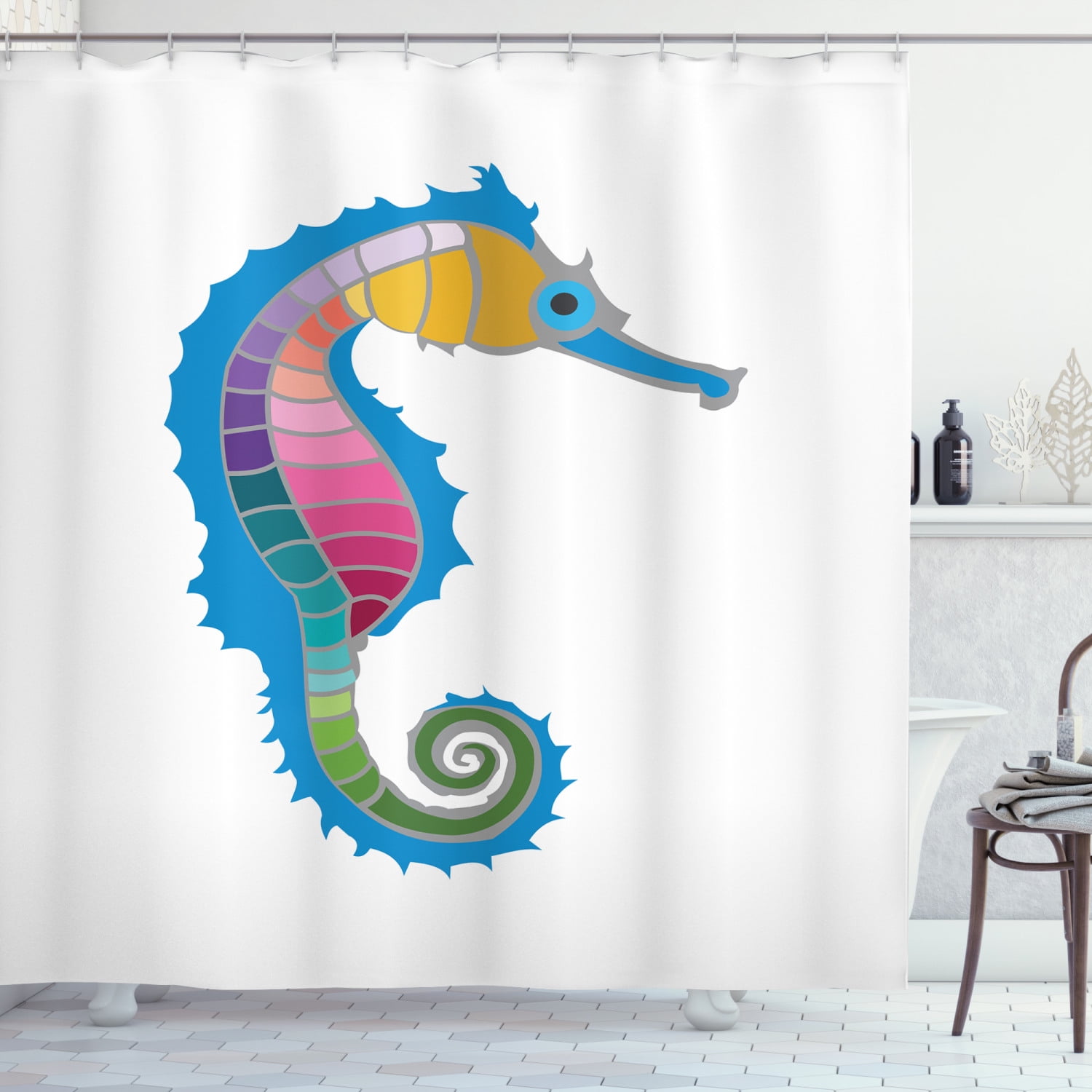 Seahorse Shower Curtain, Colorful Abstract Graphic Seahorse Figure in
