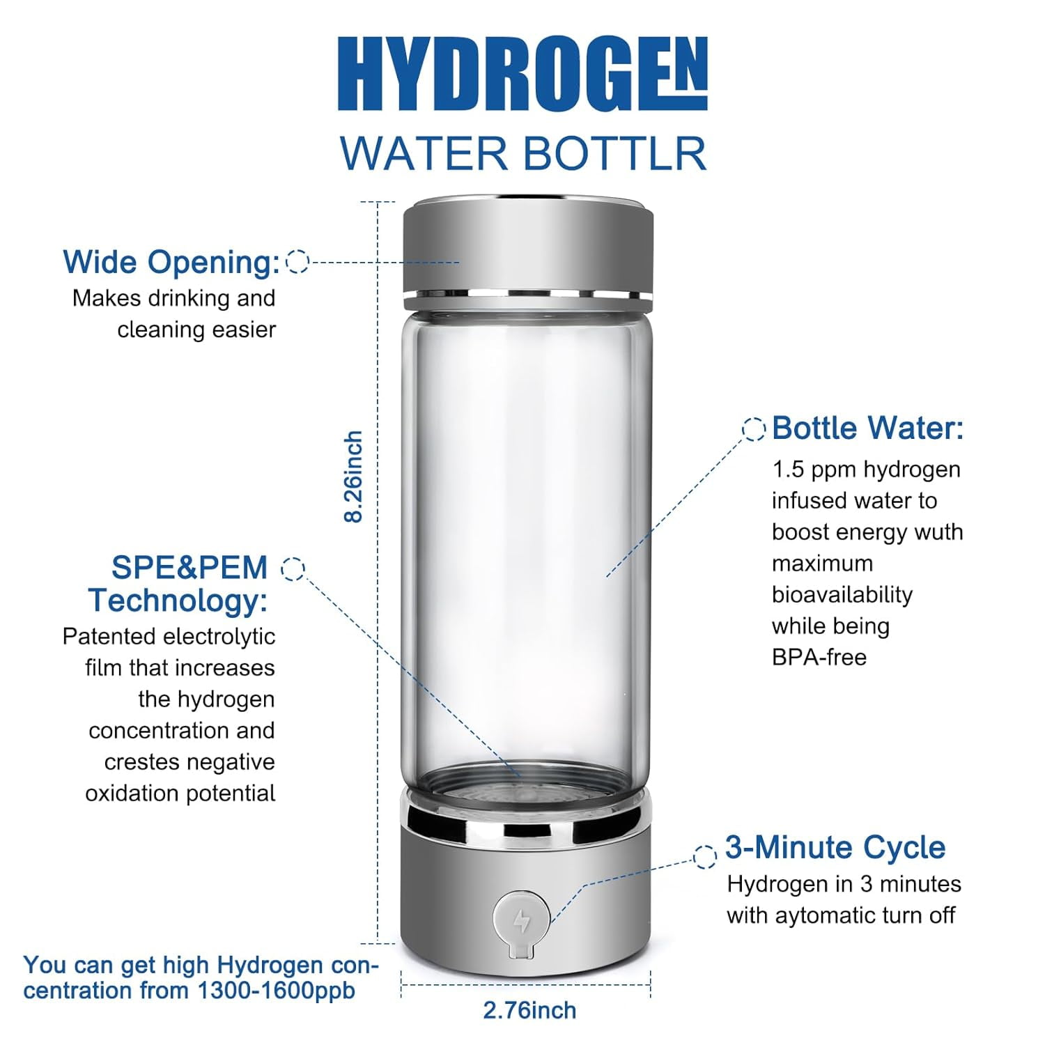Upgraded Hydrogen Water Bottle with PEM SPE Technology, Portable Rechargeable Hydrogen Water Ionizer Machine, Hydrogen Water Generator for Home Travel, Gift for Men Women (Silver)