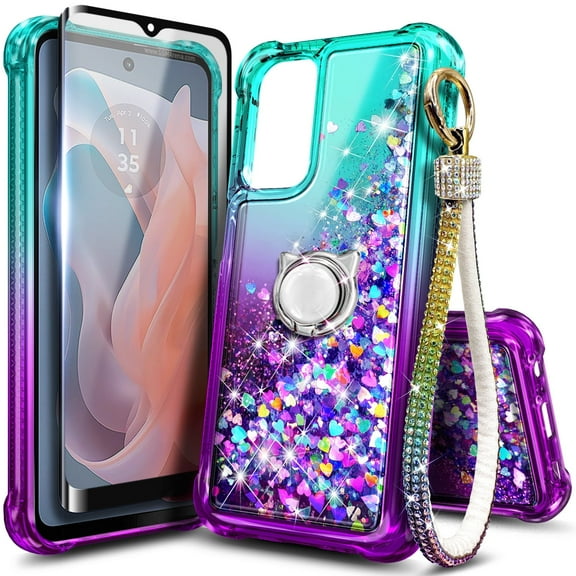 Compatible with Motorola Moto G Play (2024) Case with Tempered Glass Screen Protector, Ring Holder/Wrist Strap, Nagebee Glitter Liquid Floating Waterfall Cute Phone Cover (Aqua/Purple)