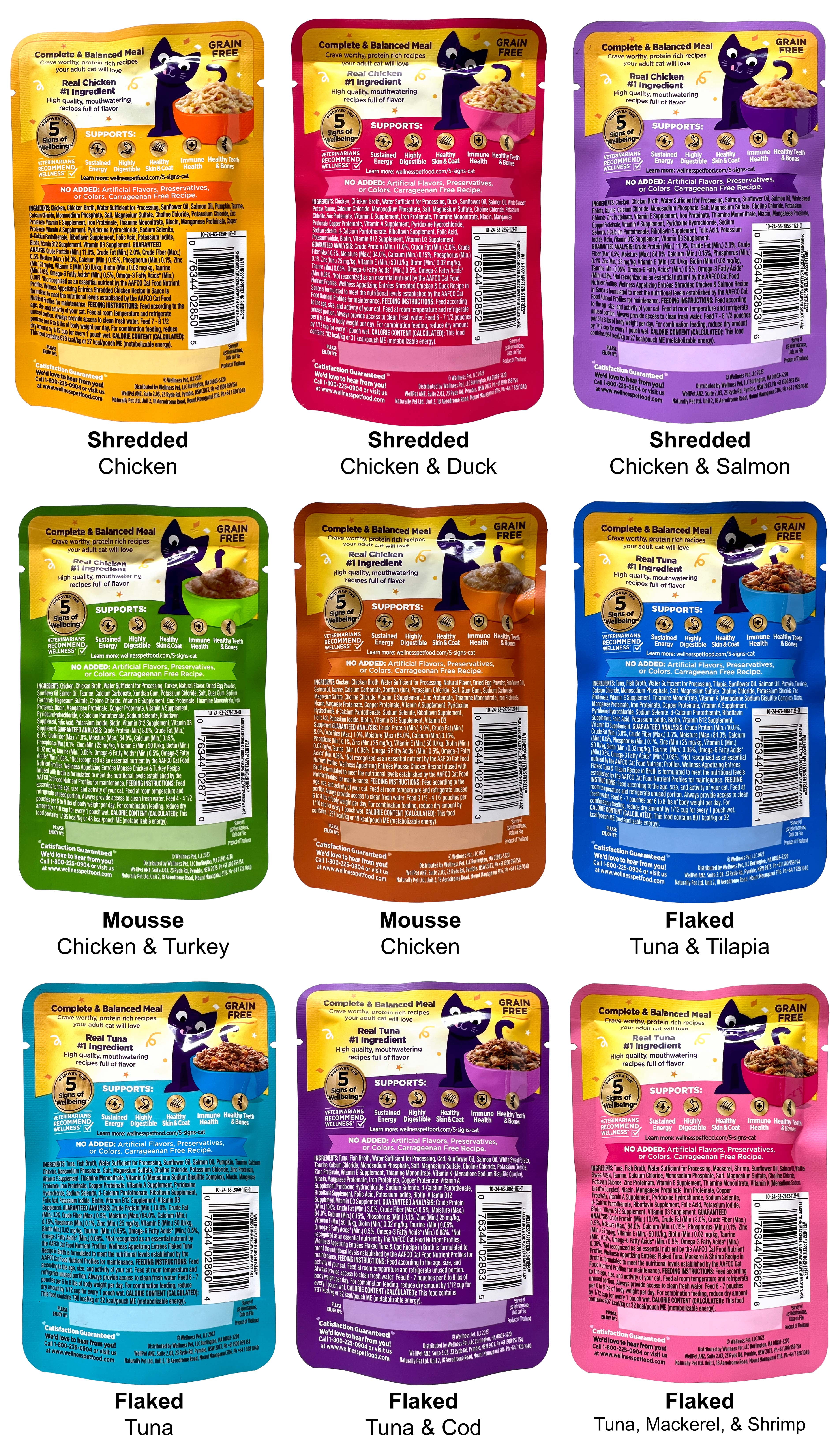 Wellness Appetizing Entrees Adult Wet Cat Food Variety 9-Pack | Shredded, Mousse & Flaked Recipes | 1.4 oz | MerlinsMart Zine | Catnip Toy