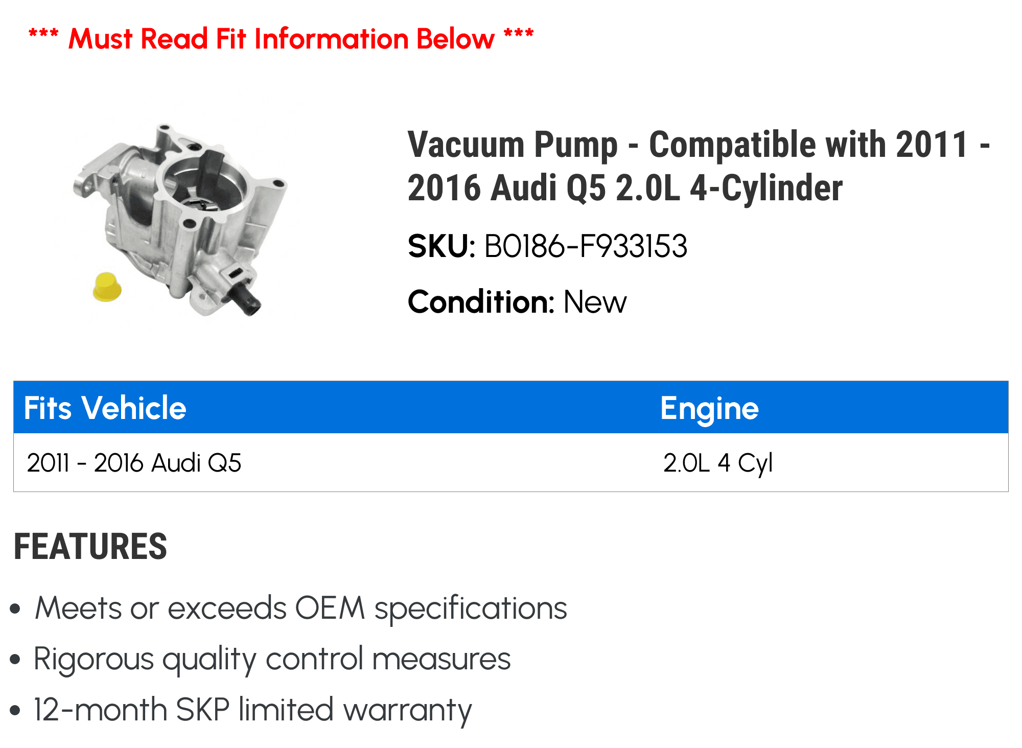 Vacuum Pump - Compatible with 2011 - 2016 Audi Q5 2.0L 4-Cylinder 2012 2013 2014 2015