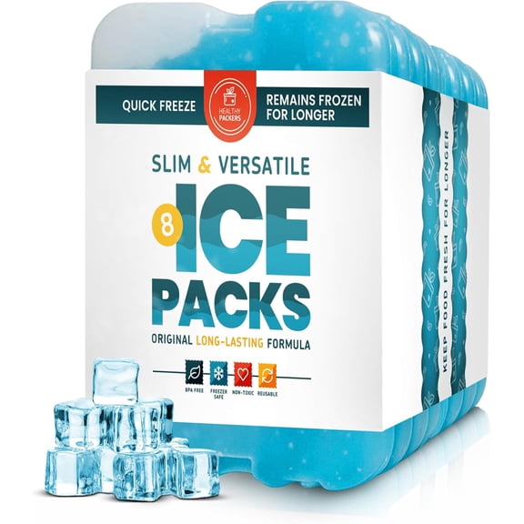 Healthy Packers Reusable Ice Packs for Lunch Box and Cooler, Blue, 8 Pack