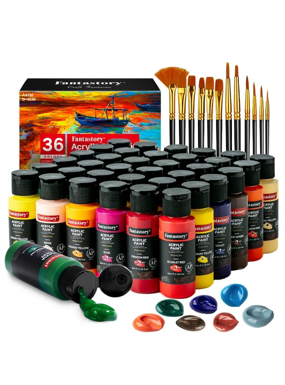 Fantastory (2oz /60ml) Acrylic Paint Set 36 Colors with 12 Brushes for Adults and Kids