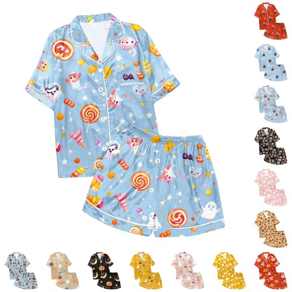 Boys Girls Satin Pajamas Set Short Sleeve Two Piece Pjs Classic Button-Down for Party Pajamas Day Birthdays Halloween Christmas