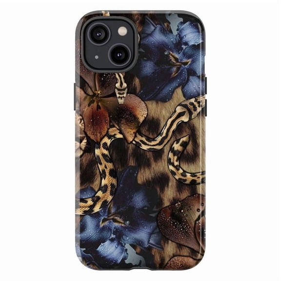 Moody Blue Floral Phone Case, Snake & Leopard Print Aesthetic Protective Cover for iPhone 17 16 15 14 13 12 11 Pro Plus Mini