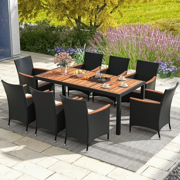 Costway 9 PCS Outdoor Dining Set with Acacia Wood Tabletop, Umbrella Hole, Seat Cushions