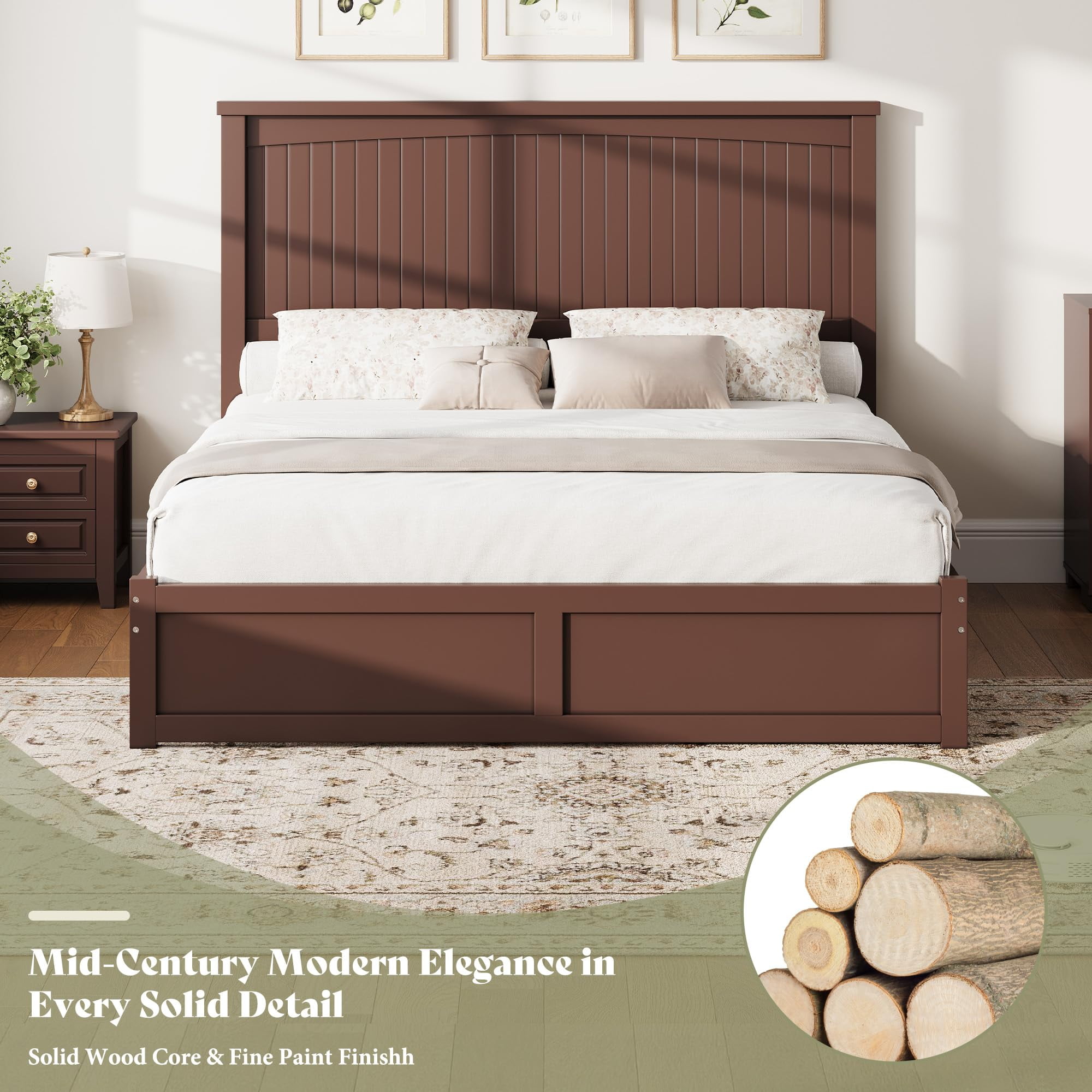 Amerlife Queen Size Solid Wood Bed Frame with 50" Tall Headboard, Mid-Century Modern Bed with, Wooden Platform Bed with 2 Drawers, Espresso