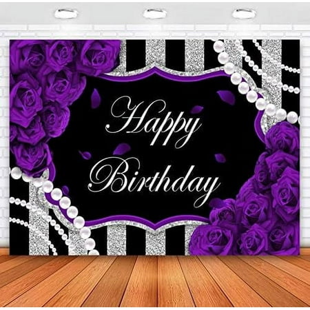 Image of Purple Rose Birthday Backdrop for Girls Women Happy Birthday Party Photography Background Purple Floral Roses Pearl Black and Silver Stripes Bday Decoration Photoshoot Banner (7x5ft)