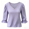 thumbnail image 5 of ClodeEU Women's V Neck Puff Ruffle Cuff 3/4 Sleeve Blouse,Casual Solid Loose Textured Top Purple,Women's Plus XXXL, 5 of 5