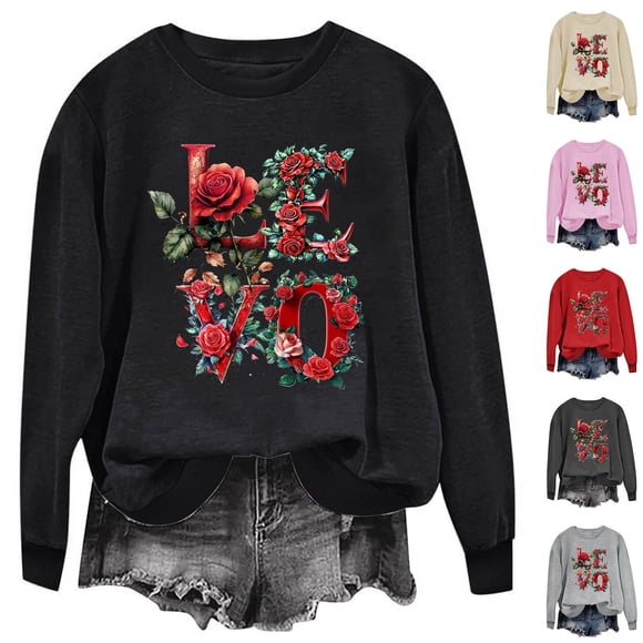 YOIAVAIOY Valentines Day Love Heart Sweatshirts Womens Valentine Graphic Long Sleeve Pullover Girlfriend Casual Sweatshirt Gray S