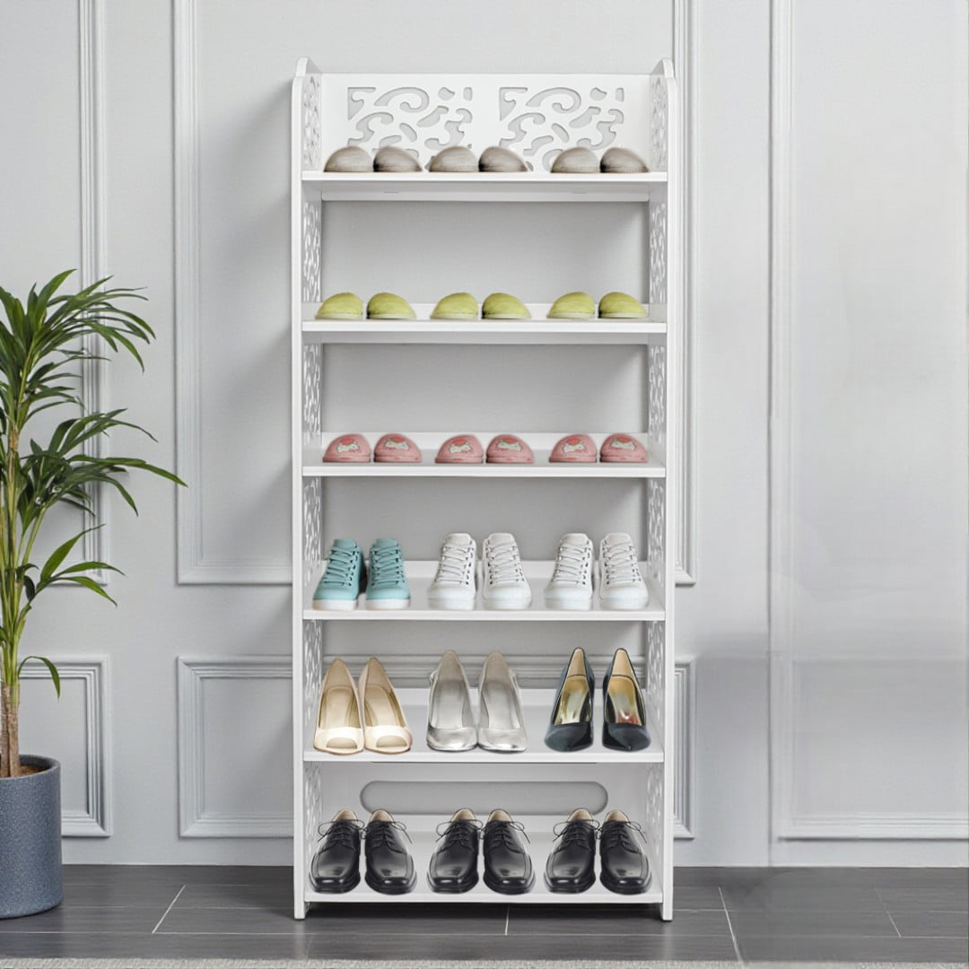 Tcbosik 6-Tier Carved Shoe Rack, Wood-Plastic Waterproof Storage Shelf for Shoes, Plants & Decor, 16.54"W Easy-Install Organizer for Home Entryway or Bedroom (White)