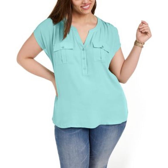 INC International Concepts Plus Size Woven Front V Neck Top Aqua Freeze 1X