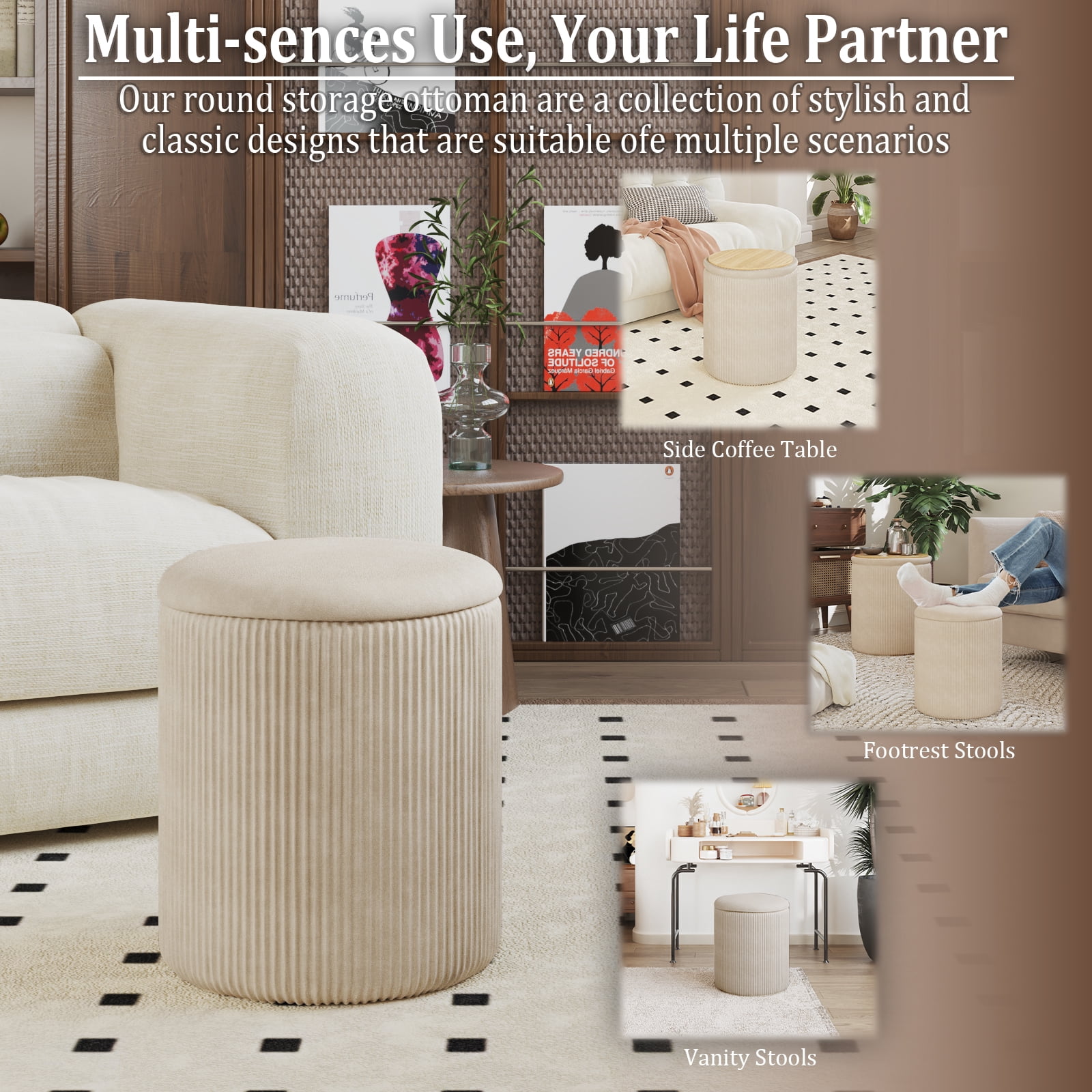 Waleaf Round Ottoman with Storage Set of 2, Upholstered Velvet Vanity Stool for Living Room & Bedroom, Beige