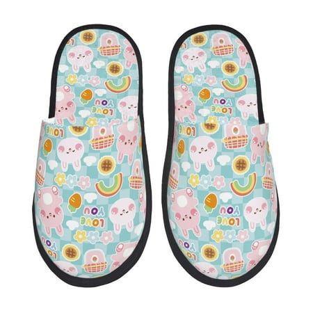 Balery Love You Rabbit Slient Indoor Furry Fleece Comfort House Shoes Soft Non-Slip Home Shoes Cotton slippers House Slippers-- Large