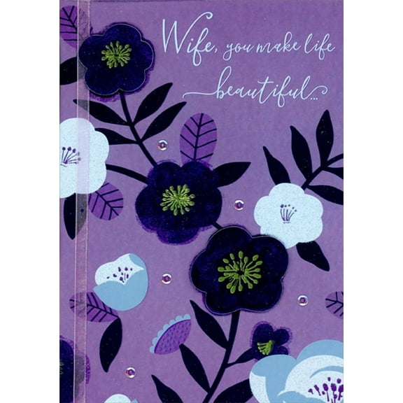 Designer Greetings Black 3D Tip On Flowers with Gold Foil Accents on Dark Purple : Purple Ribbon, Sequins Hand Decorated Easter Card for Wife