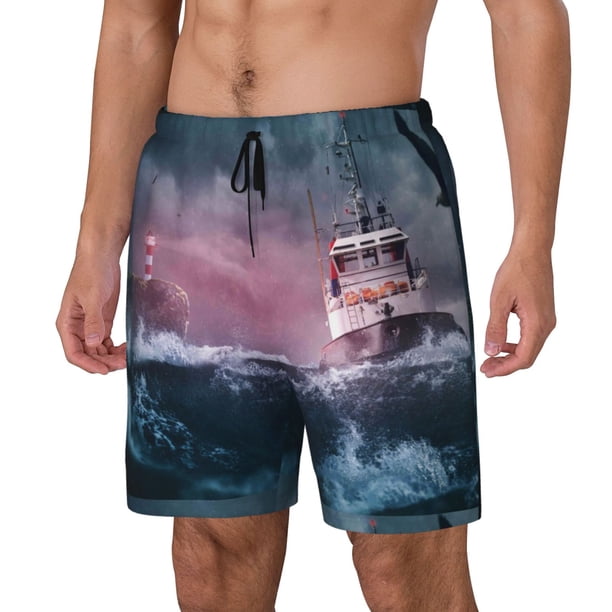 Fotbe Boat Lighthouse Storm Waves Traje de Baño para Hombre – Shorts de Natación de Secado Rápido con Forro y Bolsillos-XX-Large