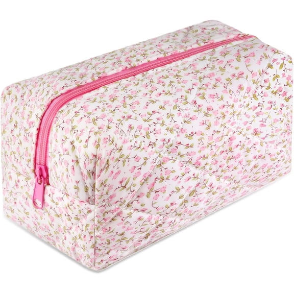 Pakyozj Quilted Makeup Bag Floral Large Cute Cosmetic Bag Cotton Puffy Makeup Organizer Travel Makeup Pouch Aesthetic Portable Zipper Toiletry Storage Bag for Women Girls