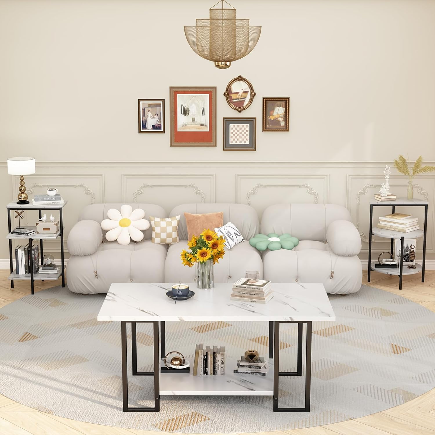 Cvortll Coffee Table Set of 3, Rectangle Faux Marble Tabletop & 2 Tiered Side Tables, Multi-Level Storage for Living Room（White & Black）