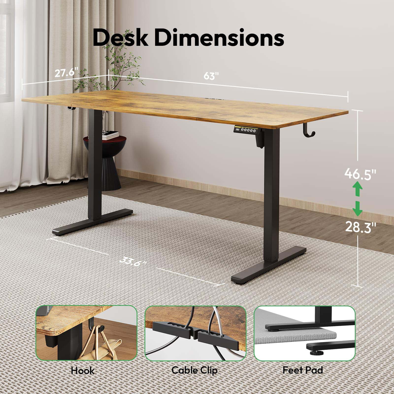 63"×28" Brown Electric Height Adjustable Desk, Ergonomic Sit Stand Computer Workstation With 3 Custom Height Memory Presets and Child Lock for Home & Office