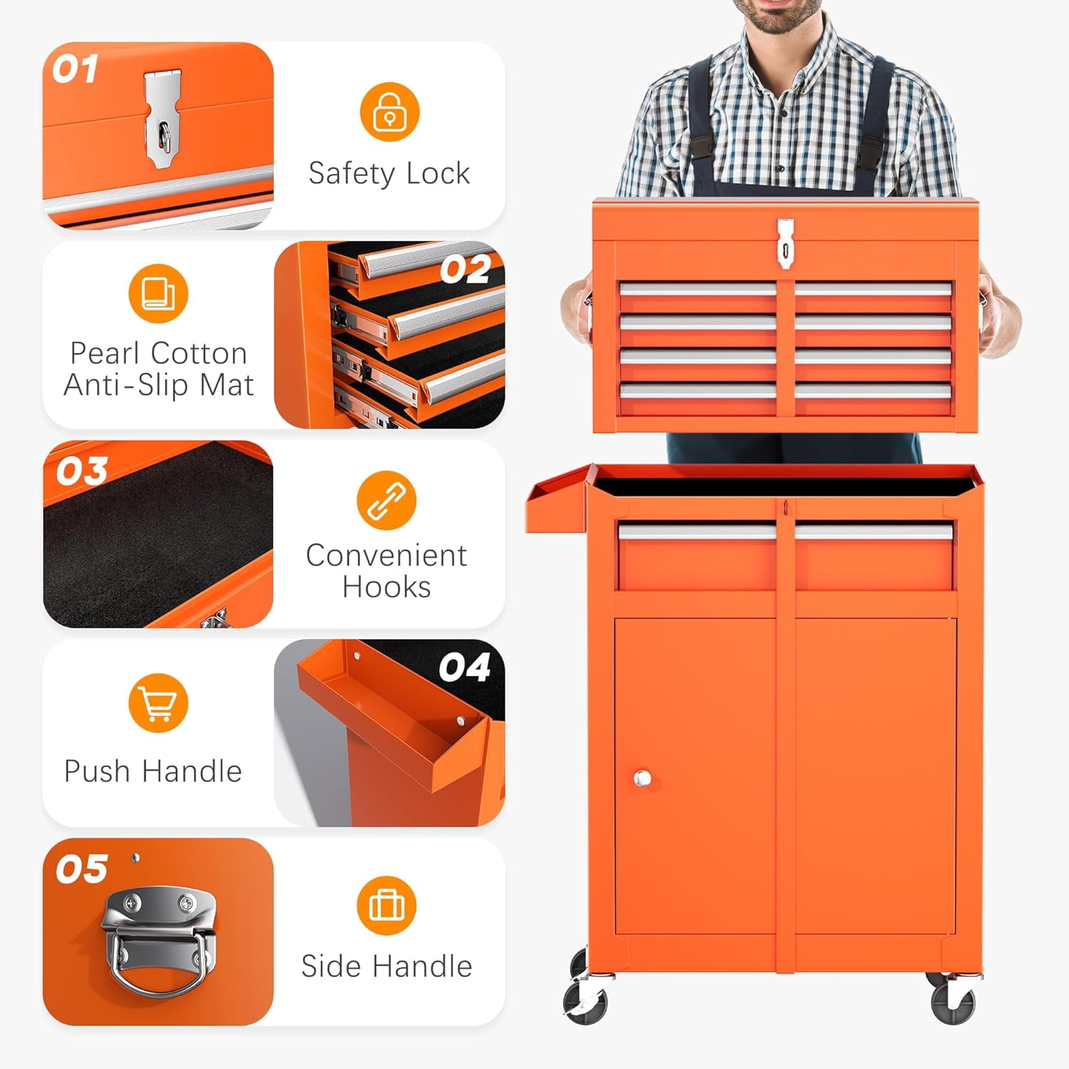 Suncrown 5-Drawer Rolling Tool Storage Cabinet with Detachable Top Tool Box & Organizers, Orange