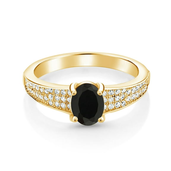 Gem Stone King 18K Yellow Gold Plated Silver Black Onyx Engagement Ring for Women | 2.08 Cttw | Oval 8X6MM | Gemstone December Birthstone | Wedding Engagement Anniversary Promise Ring | Size 5