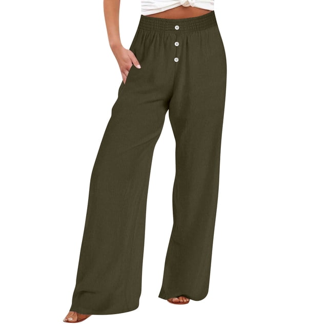 Timegard Womens Wide Leg Pants Summer Elastic High Waisted Button Lightweight Casual Pants with Pockets