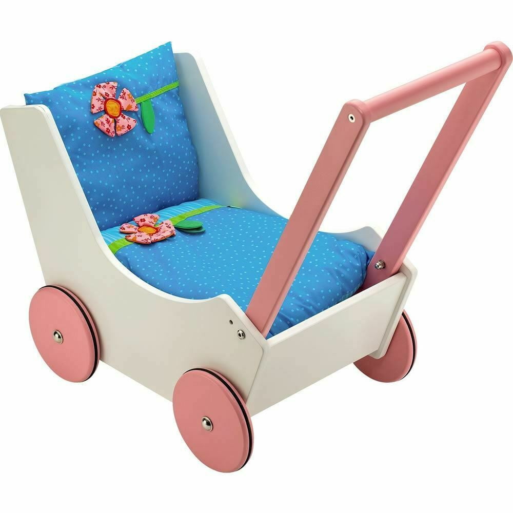 HABA Walk Along Dolly Wooden Doll Pram with Bedding & Adjustable Handle