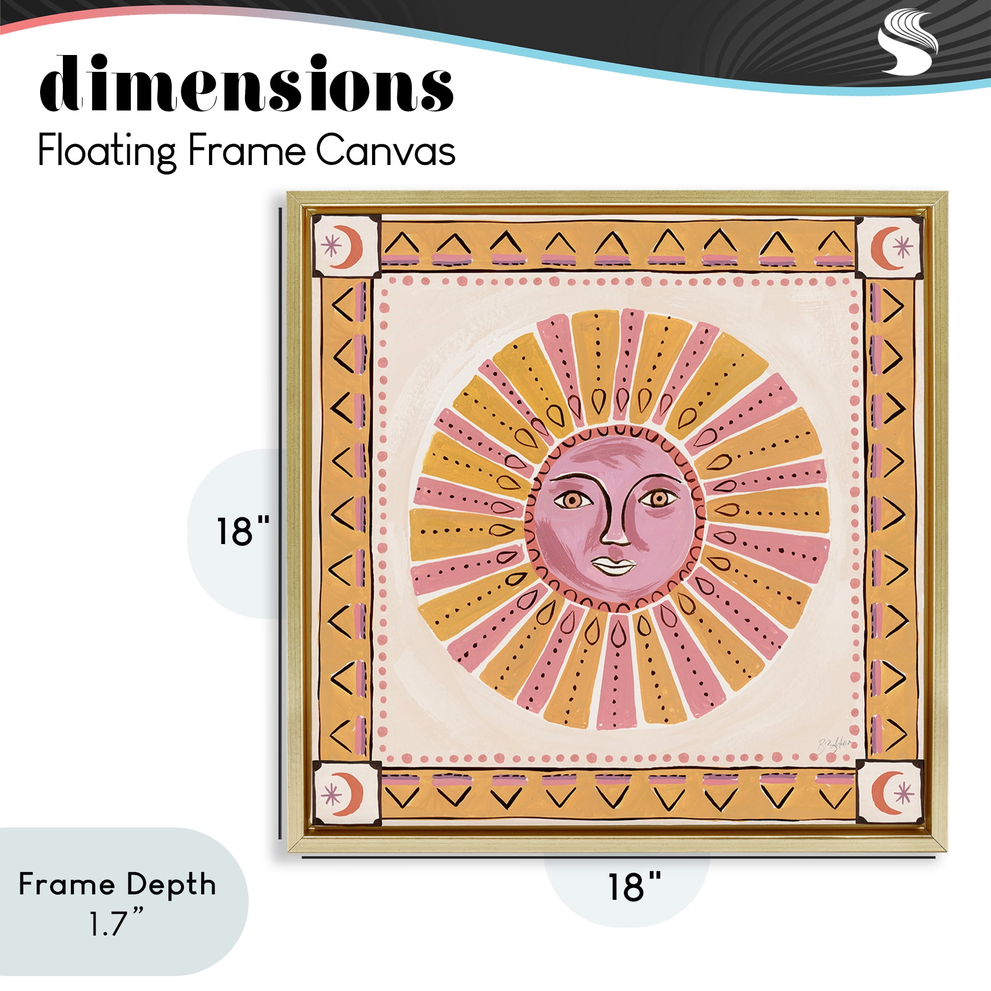 Stupell Industries Pink Sun Face with Geometric Border Gold Framed Floater Canvas Wall Art, design by Two If By Sea Studios