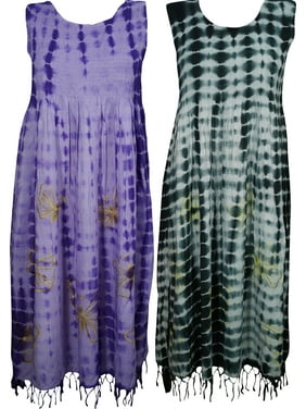 Mogul Electric Lady Tye Dye Comfy Long Dress Rayon Boho Chic Gypsy Hippie Summer Dresses Wholesale Set Of 2