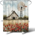 thumbnail image 3 of Rustic Farmhouse Windmill Shower Curtain Vintage Western Farm Barn Red Flowers Meadow Teal Wooden Plank American Country Landscape Bathroom Decor Fabric Curtain with Hooks-72"W x 72"L (Pack of 1), 3 of 7