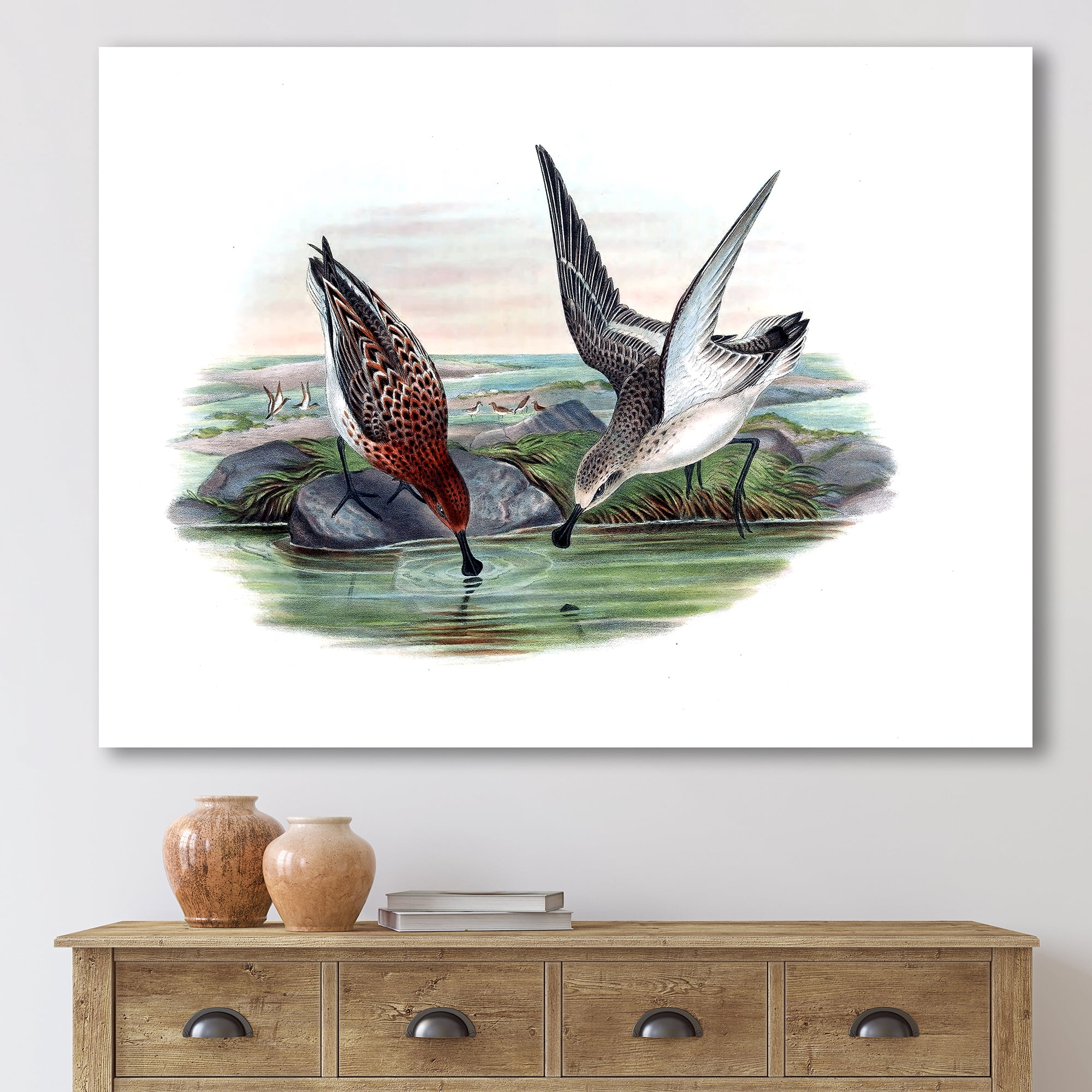 Designart ' Vintage Countryside Two Birds In Lake ' Farmhouse Canvas Wall Art Print