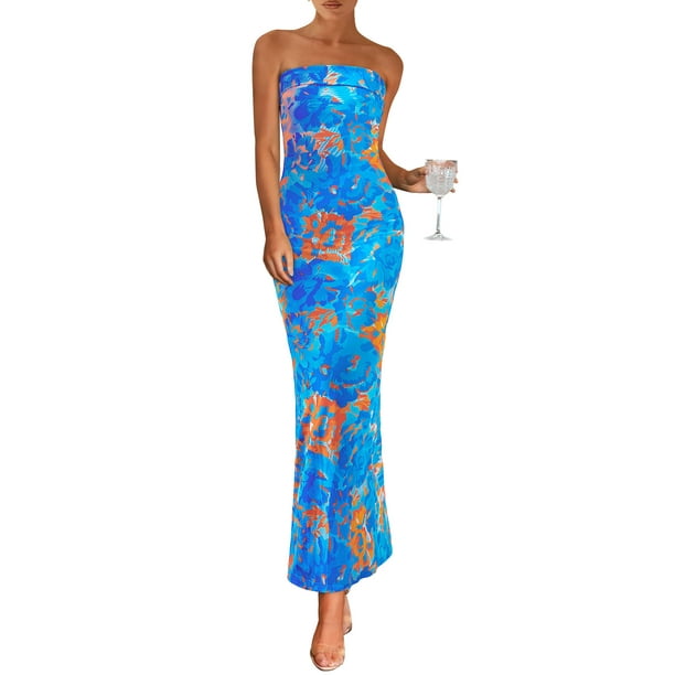 Vestido largo PRETTYGARDEN sin tirantes con estampado floral para mujer, azul XL