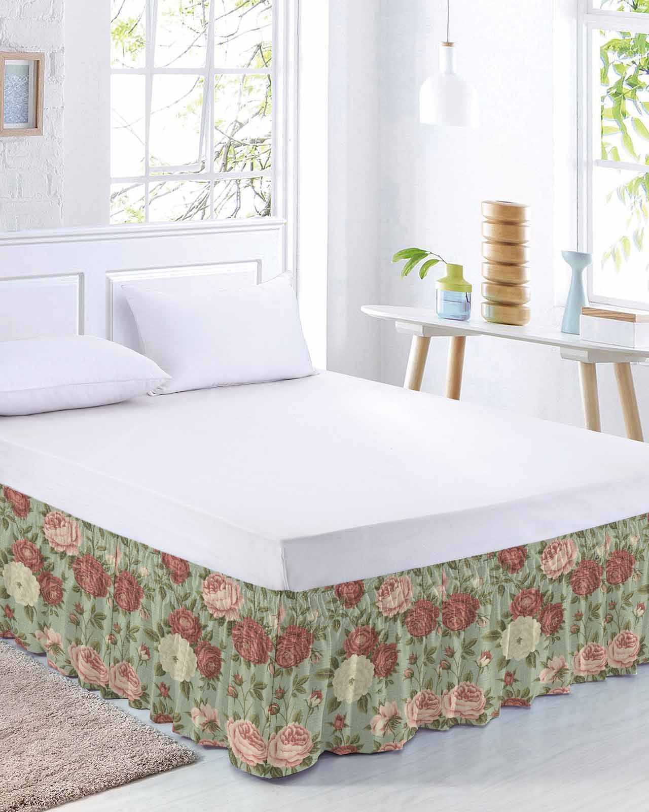 Spring Pink Roses Bed Skirt King Size 16 Inch Drop, Flowers Retro Countryside Adjustable Elastic Dust Ruffles Bedskirt for King Bed Wrap Around Pleated Mattress Frame Cover