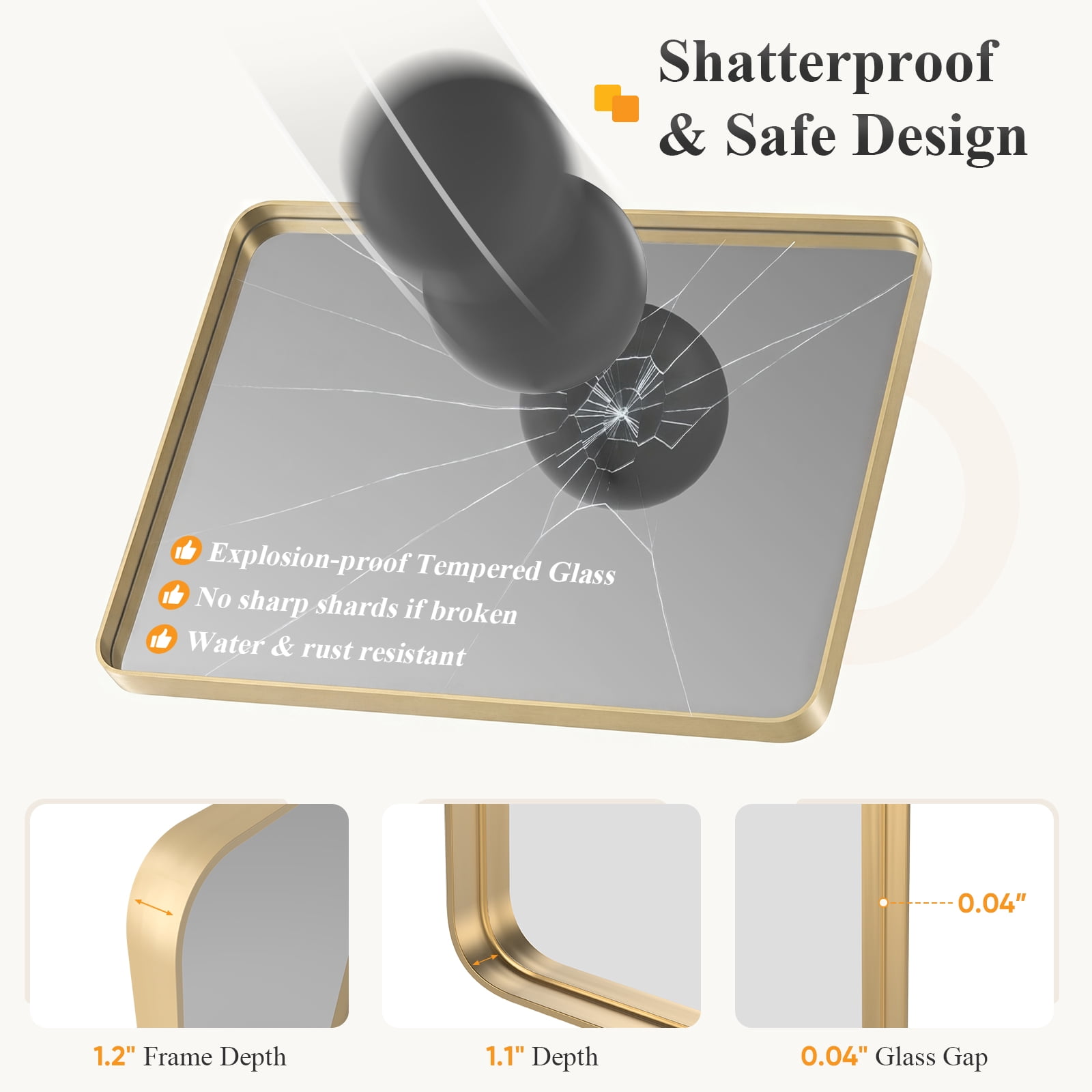 Gianna Anti-Fog Bathroom Wall Mirror – 30" x 40" Shatterproof Vanity Mirror with Rectangular Metal Frame, Gold